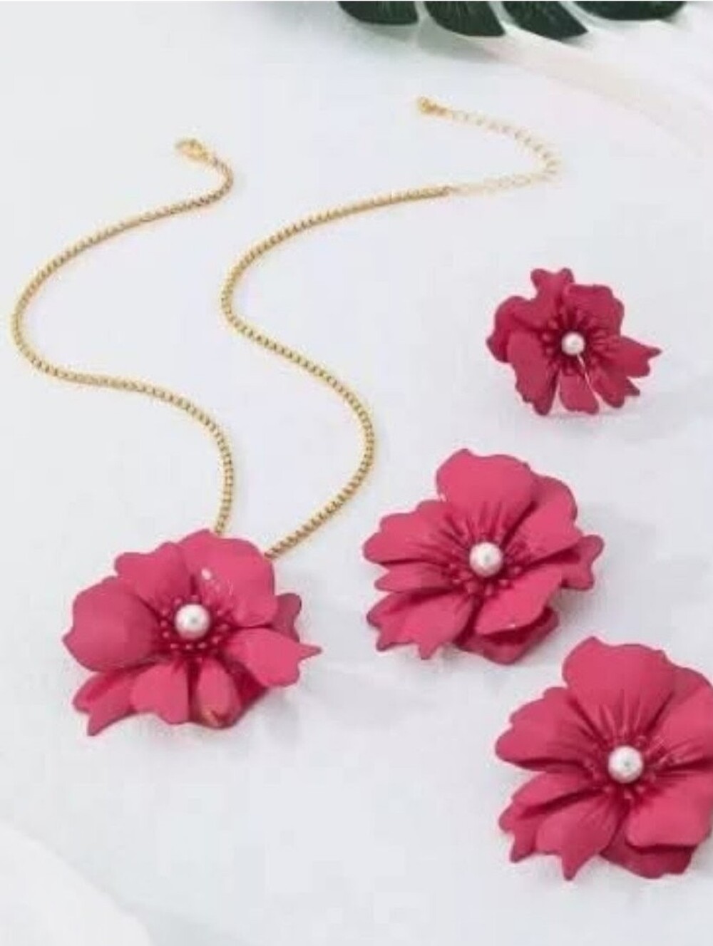 Fuchsia Pink Bloom Set 3D Floral Earrings Necklace Ring New Summer Garden